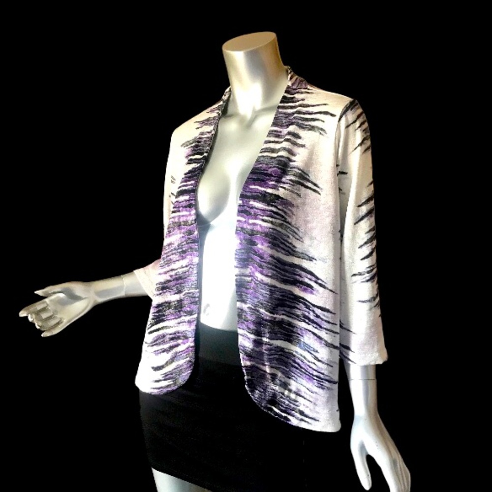 Chico’s Easy Wear 2 Size Large Open Front Cardigan 3/4 Sleeves White Purple